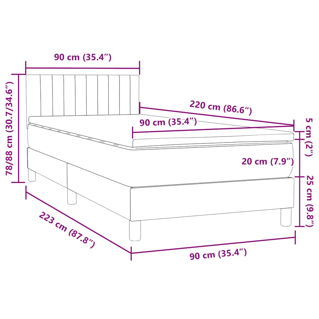 Világosszürke bársony rugós és LED-es ágy matraccal 90x220 cm 16