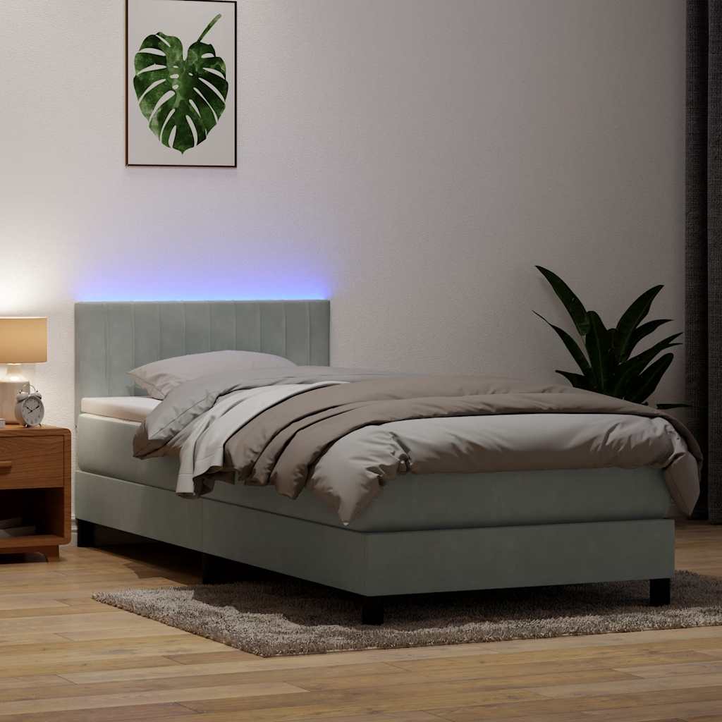 Világosszürke bársony rugós és LED-es ágy matraccal 90x220 cm
