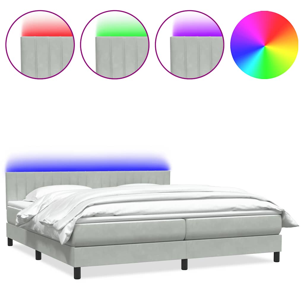 Világosszürke bársony rugós és LED-es ágy matraccal 200x220 cm 2