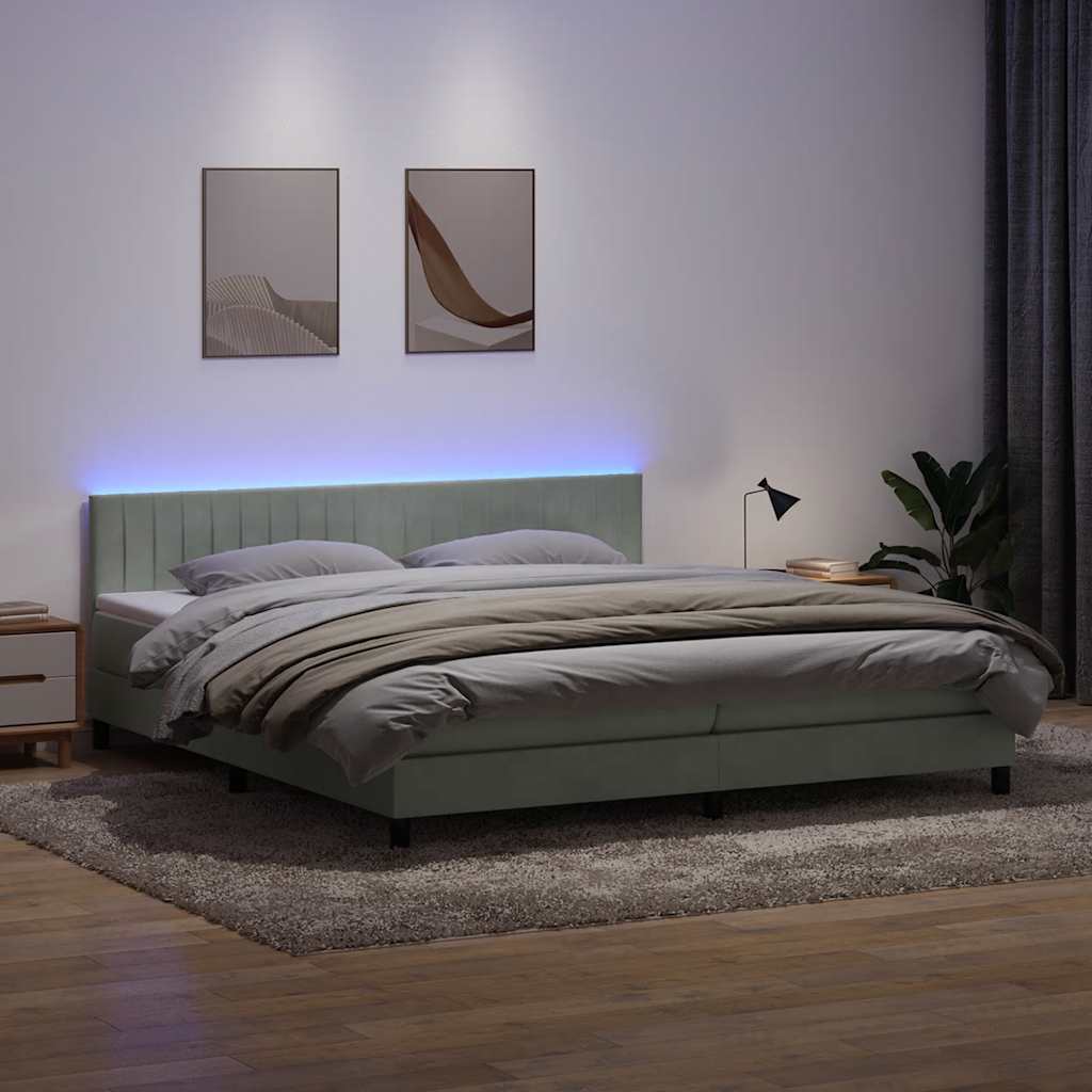 Világosszürke bársony rugós és LED-es ágy matraccal 200x220 cm