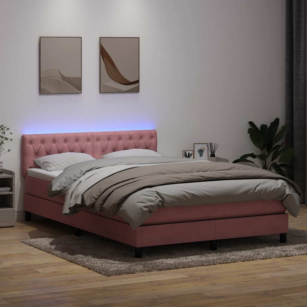 Rózsaszín bársony rugós és LED-es ágy matraccal 140x210 cm 4