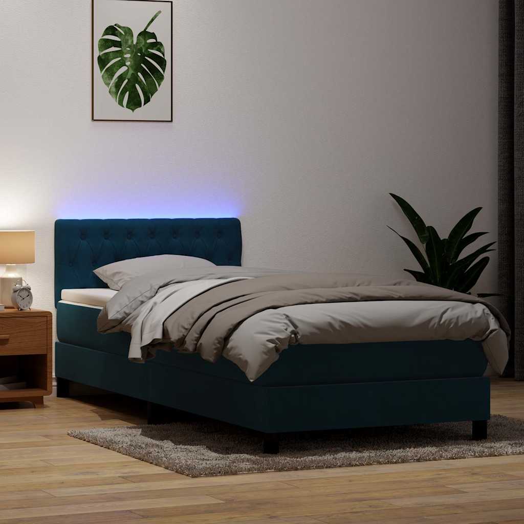 Sötétkék bársony rugós és LED-es ágy matraccal 80x220 cm