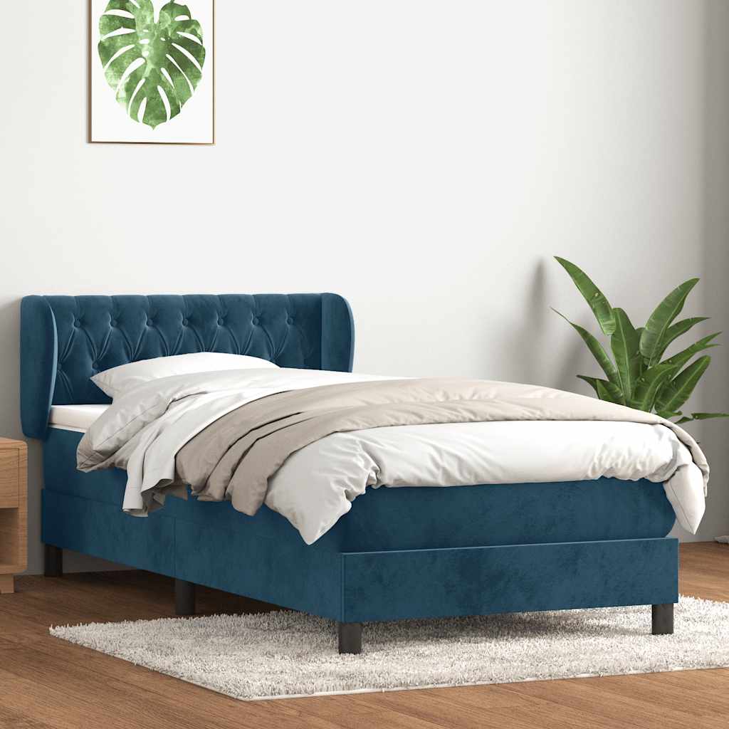 Sötétkék bársony rugós ágy matraccal 100x210 cm