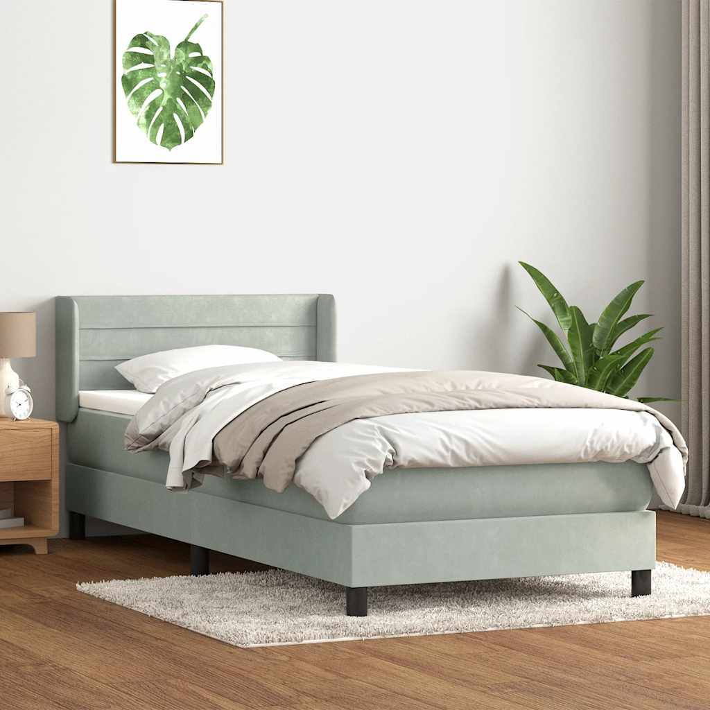 Világosszürke bársony rugós ágy matraccal 80x220 cm