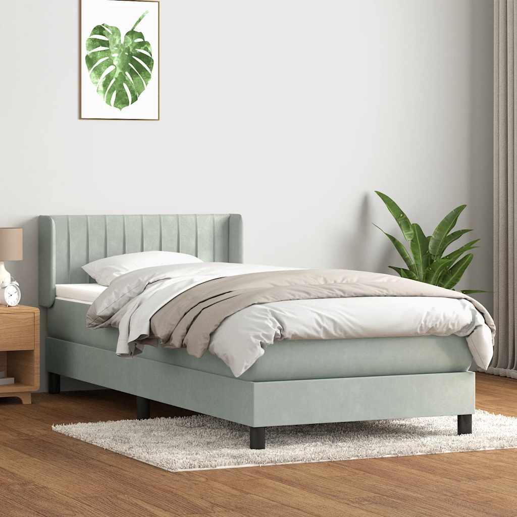 Világosszürke bársony rugós ágy matraccal 80x220 cm