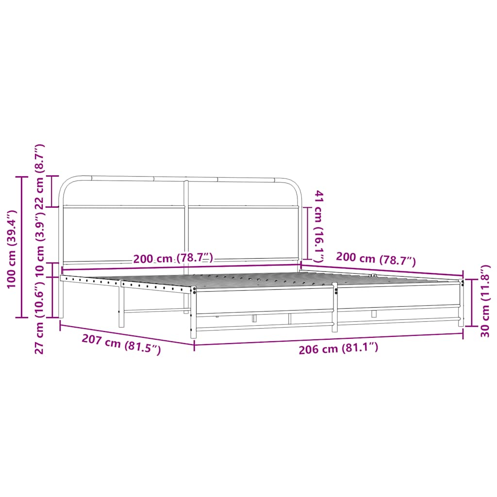 Sonoma tölgy színű fém ágykeret matrac nélkül 200 x 200 cm 9
