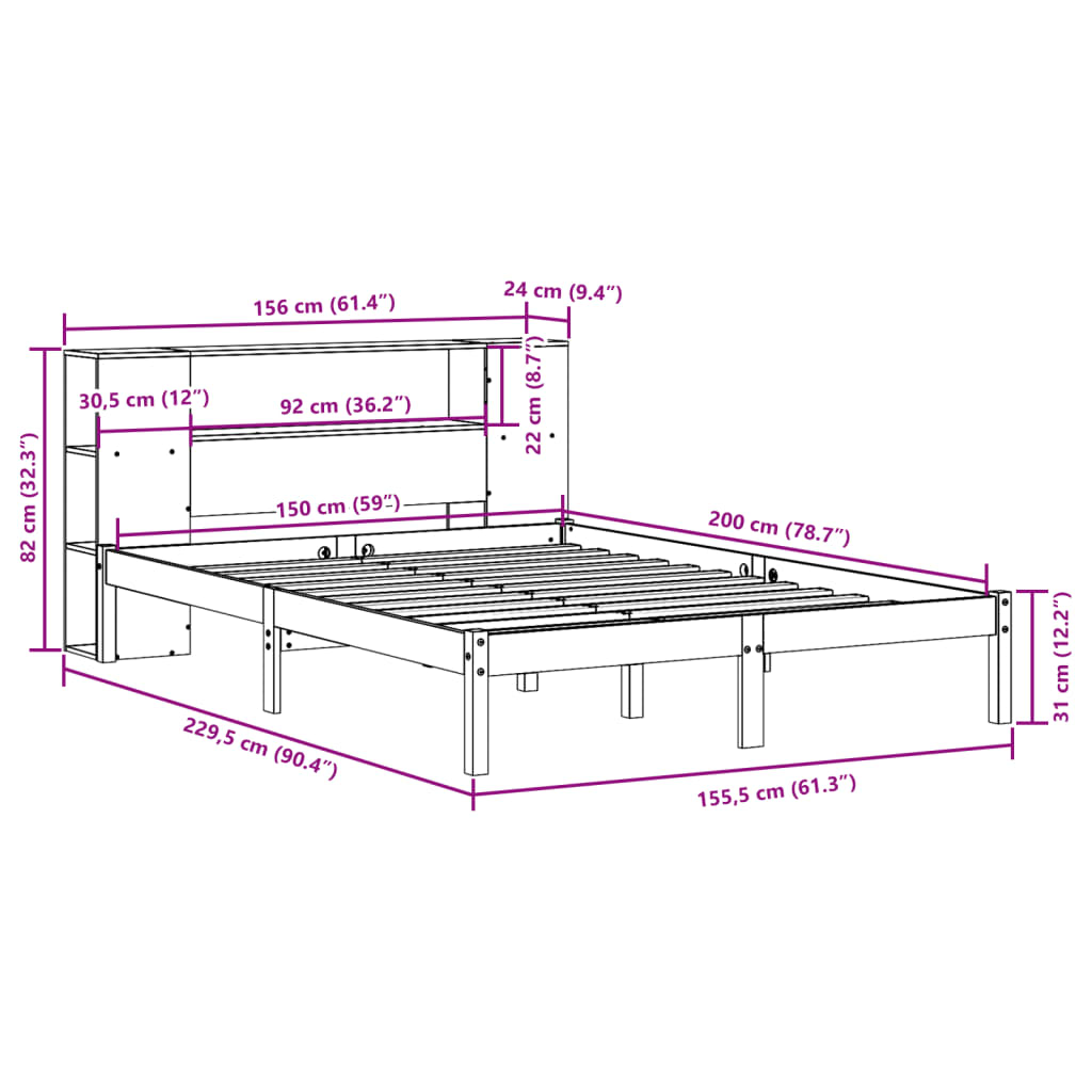 Fehér tömör fenyőfa könyvespolcos ágy matrac nélkül 150x200 cm 12
