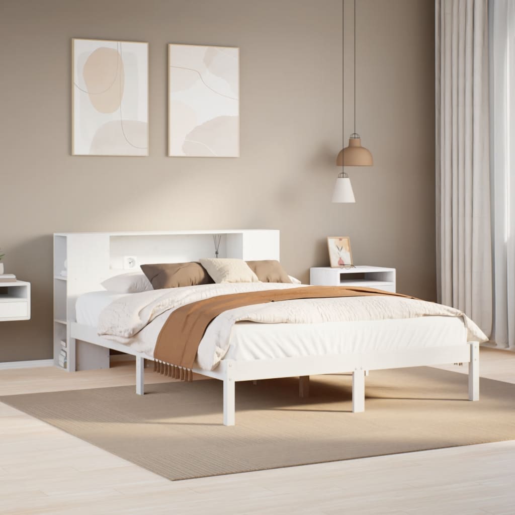 Fehér tömör fenyőfa könyvespolcos ágy matrac nélkül 150x200 cm
