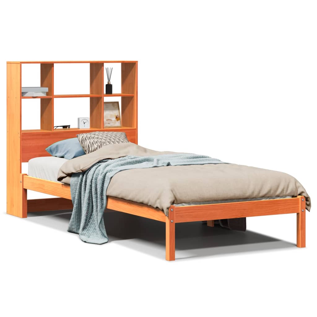 Barna tömör fenyőfa könyvespolcos ágy matrac nélkül 75 x 190 cm 2