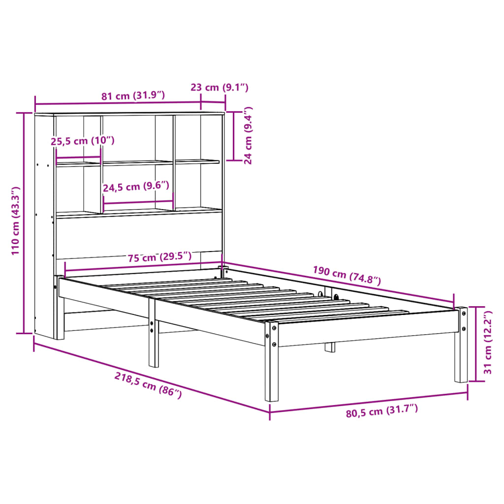 Barna tömör fenyőfa könyvespolcos ágy matrac nélkül 75 x 190 cm 12