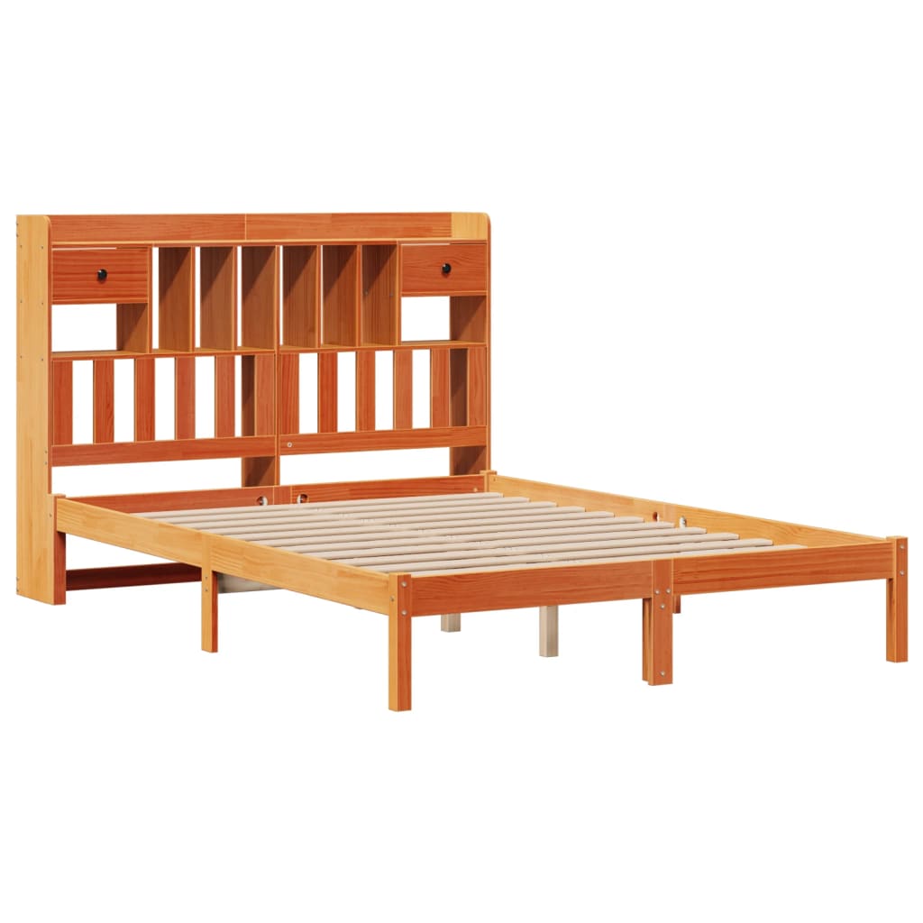 Barna tömör fenyőfa könyvespolcos ágy matrac nélkül 150 x 200cm 3