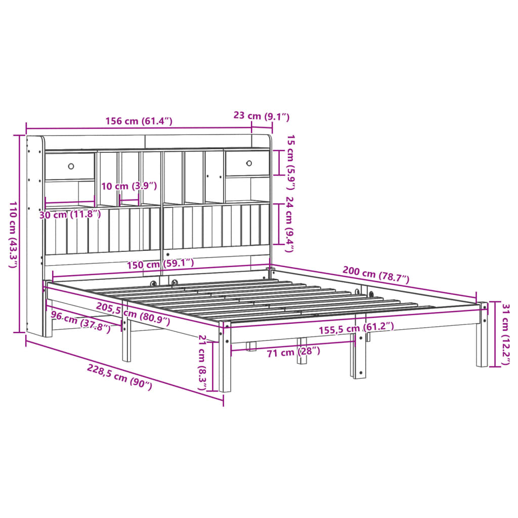 Barna tömör fenyőfa könyvespolcos ágy matrac nélkül 150 x 200cm 11