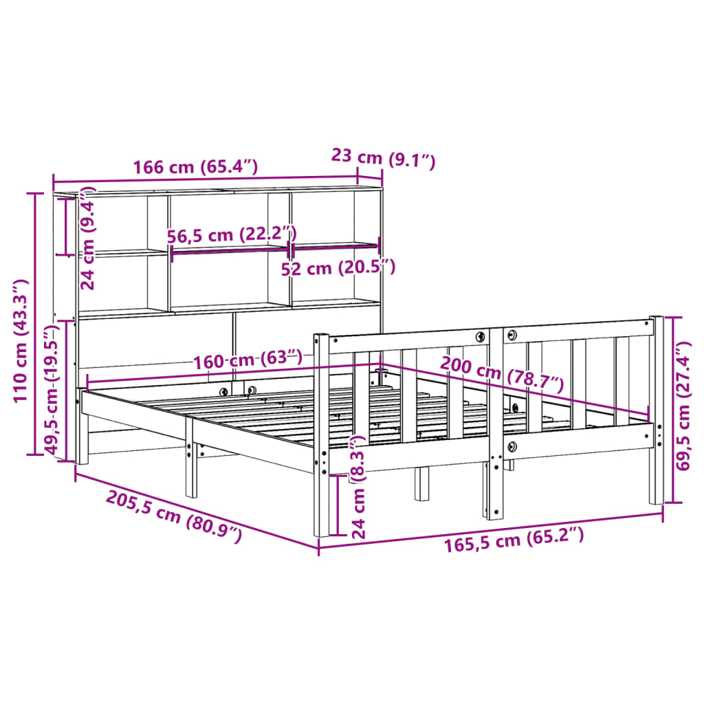 Fehér tömör fenyőfa könyvespolcos ágy matrac nélkül 160x200 cm 11