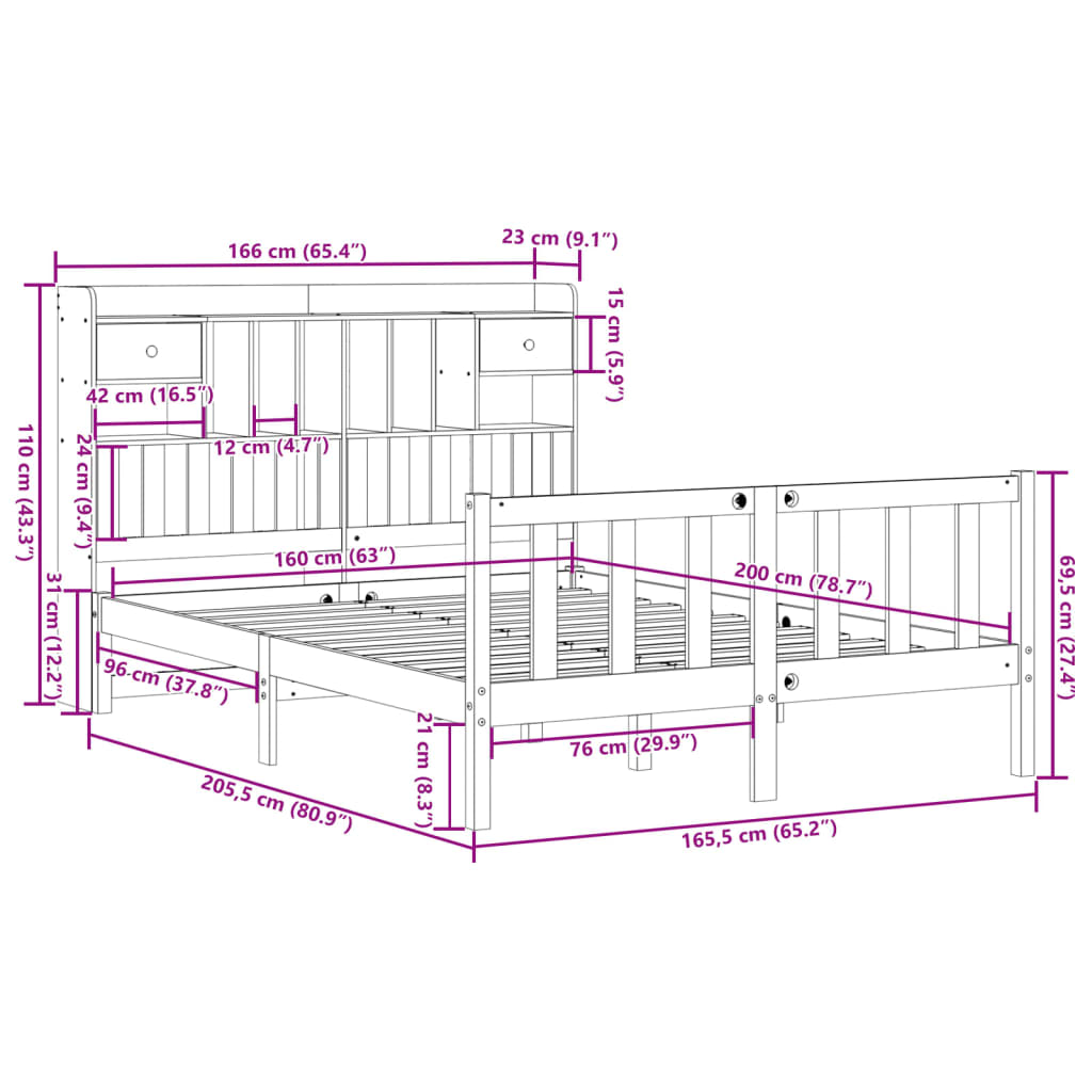 Barna tömör fenyőfa könyvespolcos ágy matrac nélkül 160 x 200cm 11
