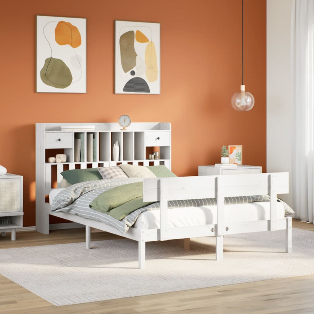 Fehér tömör fenyőfa könyvespolcos ágy matrac nélkül 140x190 cm