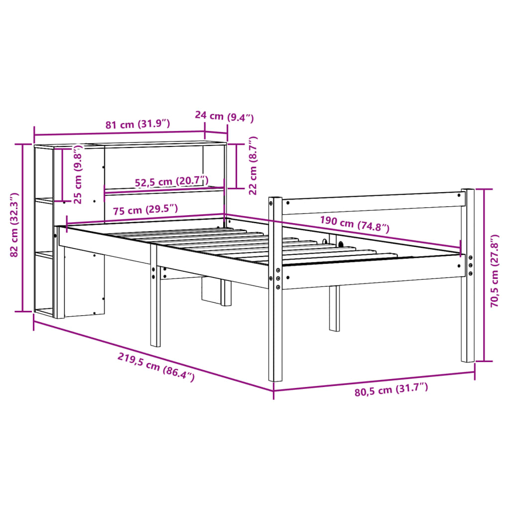 Tömör fenyőfa könyvespolcos ágy matrac nélkül 75 x 190 cm 12