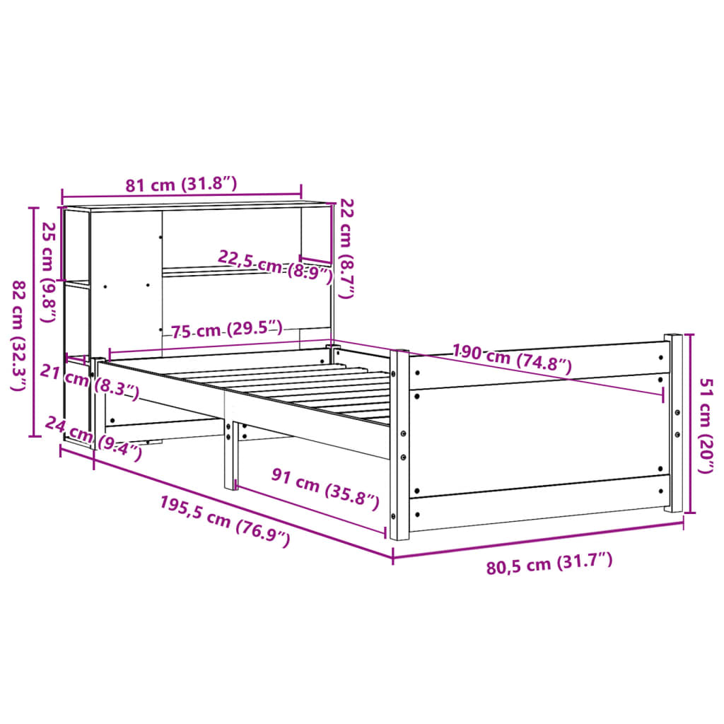Tömör fenyőfa könyvespolcos ágy matrac nélkül 75 x 190 cm 11