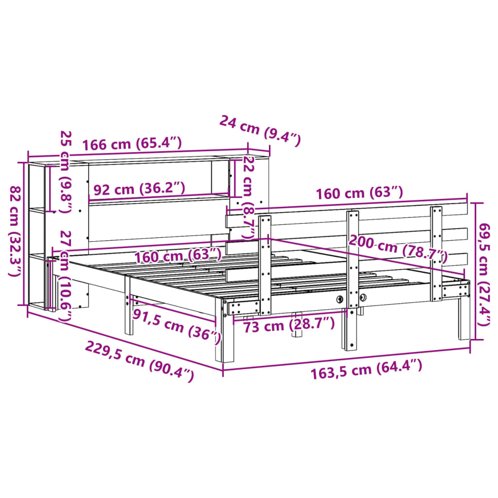 Fehér tömör fenyőfa könyvespolcos ágy matrac nélkül 160 x 200 cm 11