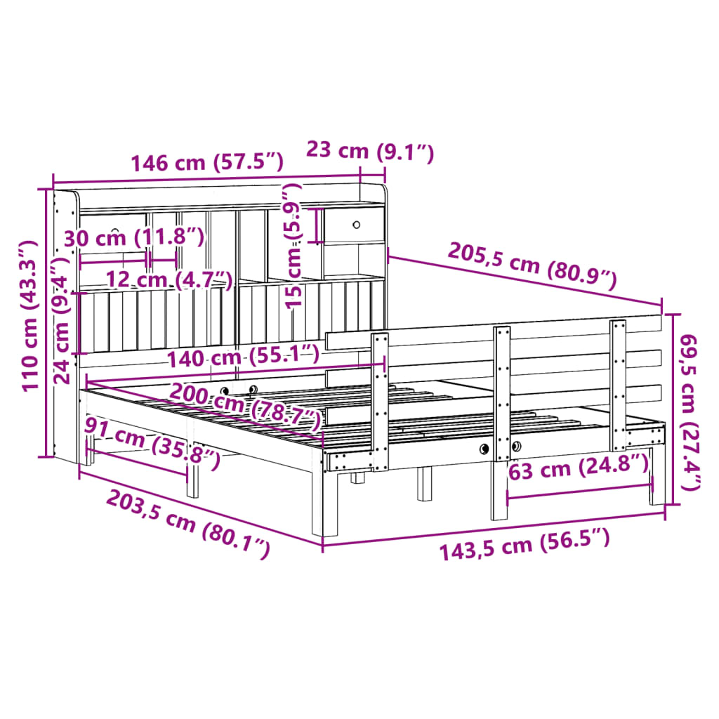 Fehér tömör fenyőfa könyvespolcos ágy matrac nélkül 140x200 cm 11