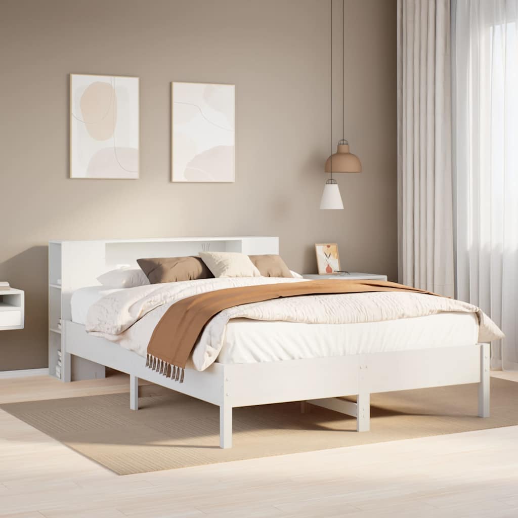 Fehér tömör fenyőfa könyvespolcos ágy matrac nélkül 160x200 cm
