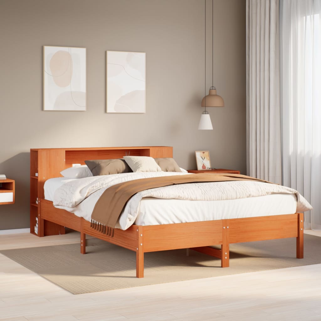 Barna tömör fenyőfa könyvespolcos ágy matrac nélkül 150 x 200cm
