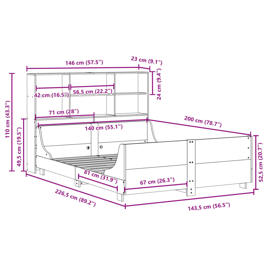 Viaszbarna tömör fa könyvespolcos ágy matrac nélkül 140 x 200cm 12