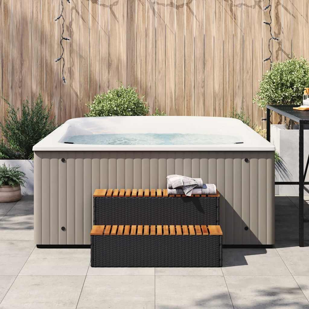 Pezsgőfürdő lépcső fekete 100x50x50,5 cm polyrattan és akácfa 3