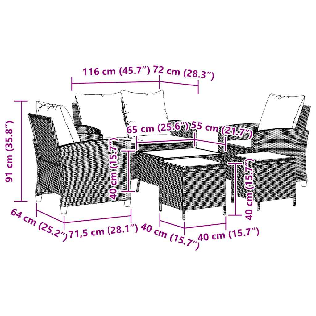 6 részes világosszürke polyrattan kerti ülőgarnitúra párnákkal 12