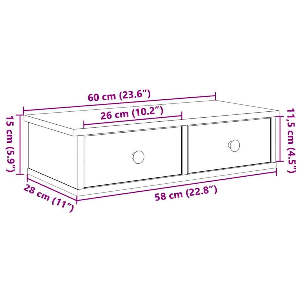 Falipolc fiókokkal fekete 60x28x15 cm műszaki fa 11