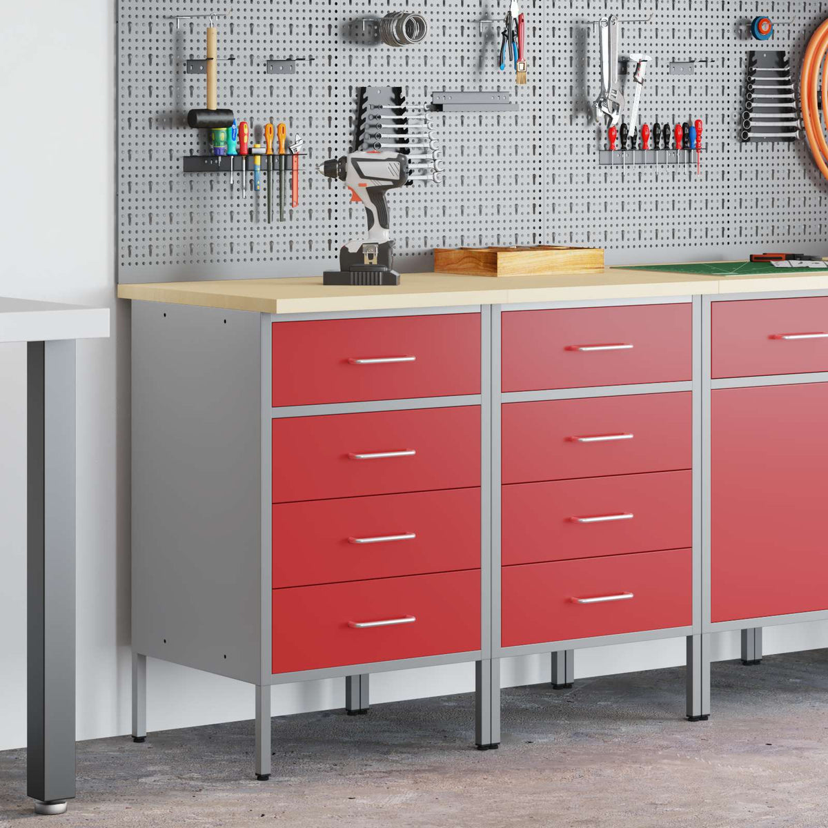 Munkaszekrény fiókkal 2 db Piros és Szürke 100 x 55 x 85 cm 3
