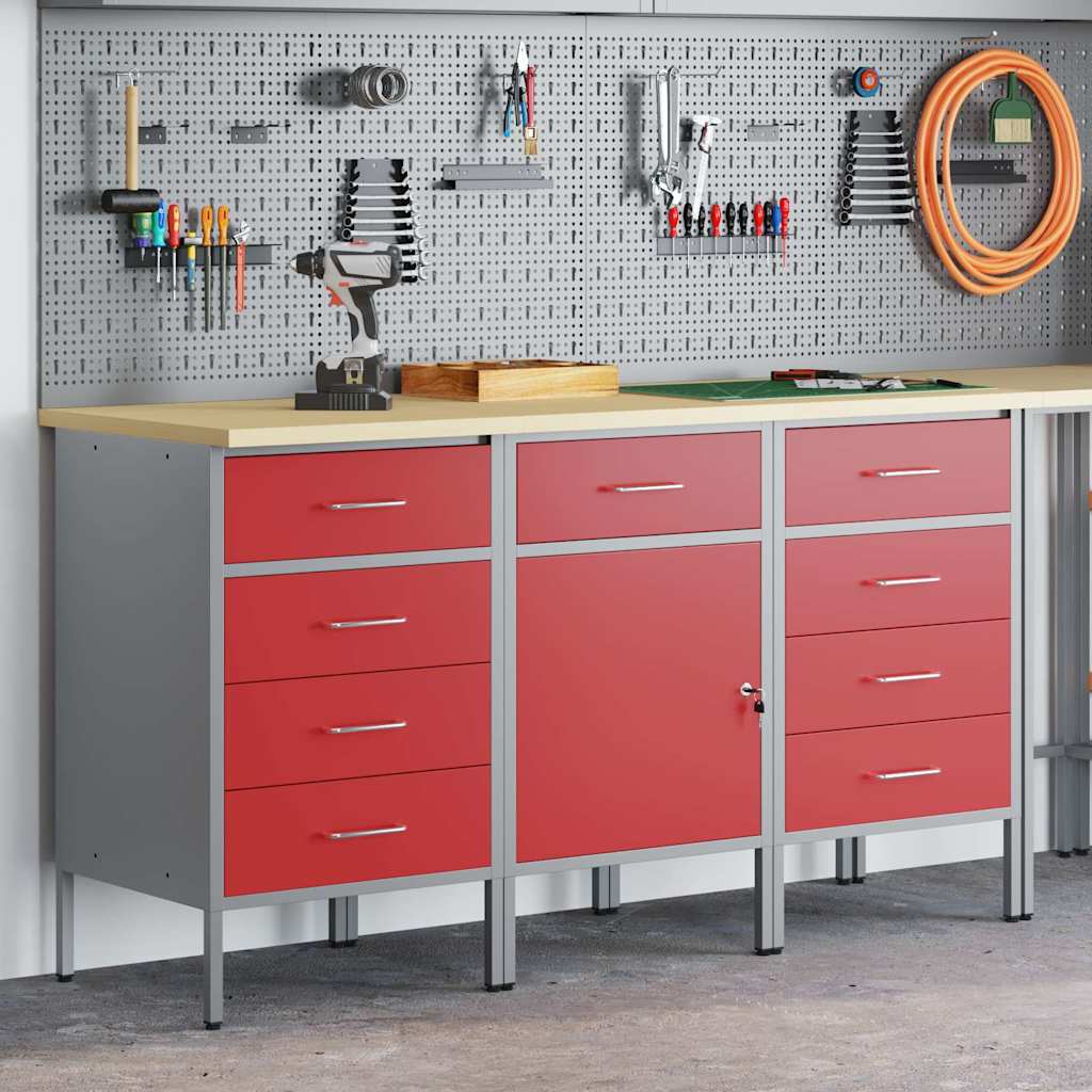 Munkaszekrény fiókkal 3 db Piros és Szürke 150 x 55 x 85 cm 3