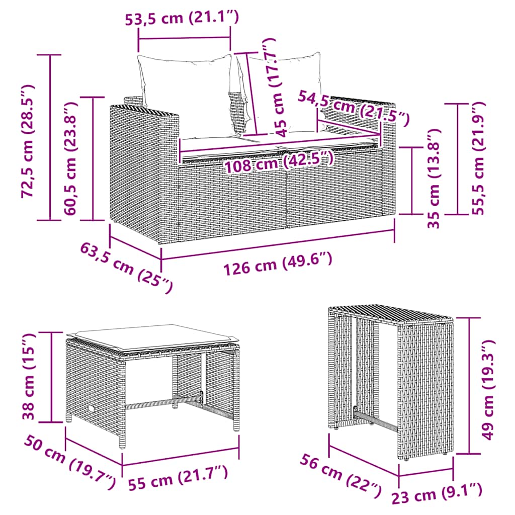 5 részes polyrattan kerti kanapé garnitúra párnákkal stackable 12