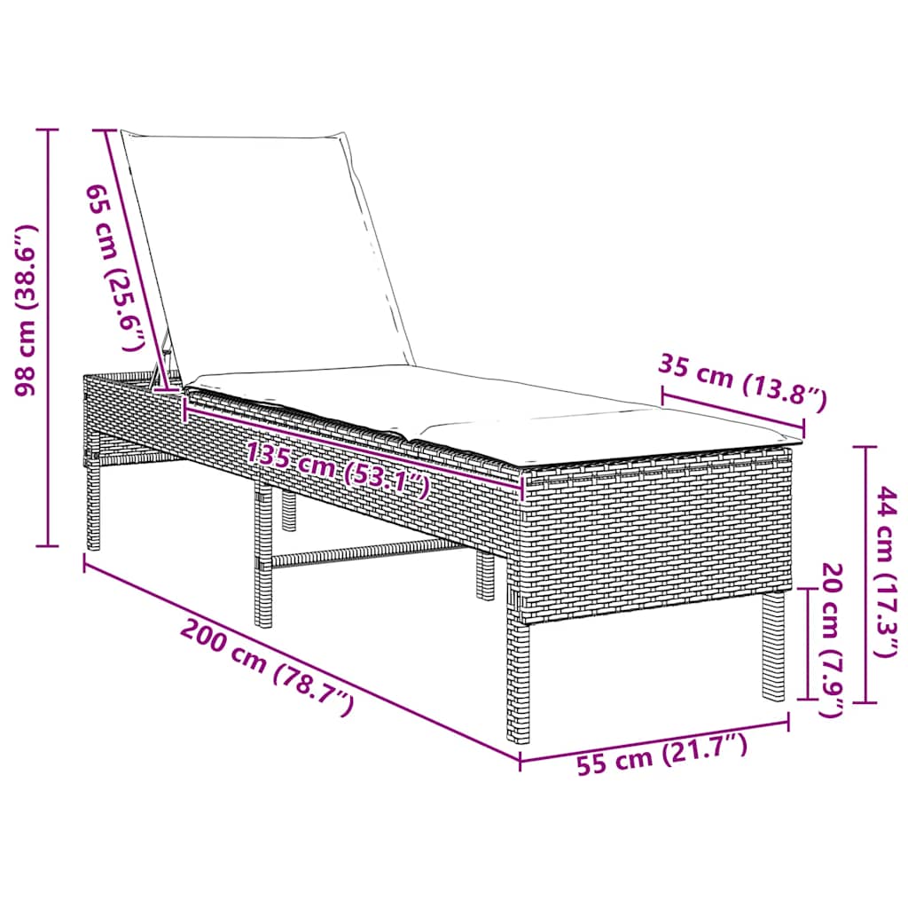 Szürke polyrattan napozóágy párnával 55x200x44 cm 10