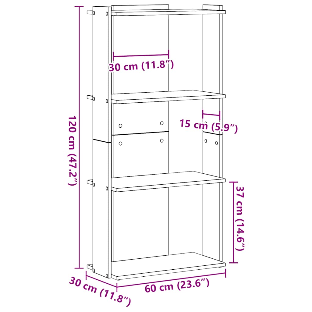 Könyvespolc 3 szintes Fekete 60x30x120 cm Használt fa 9