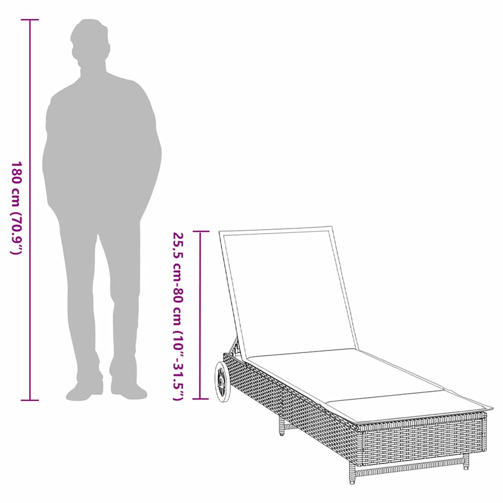 Barna polyrattan napozóágy párnával és kerekekkel 13