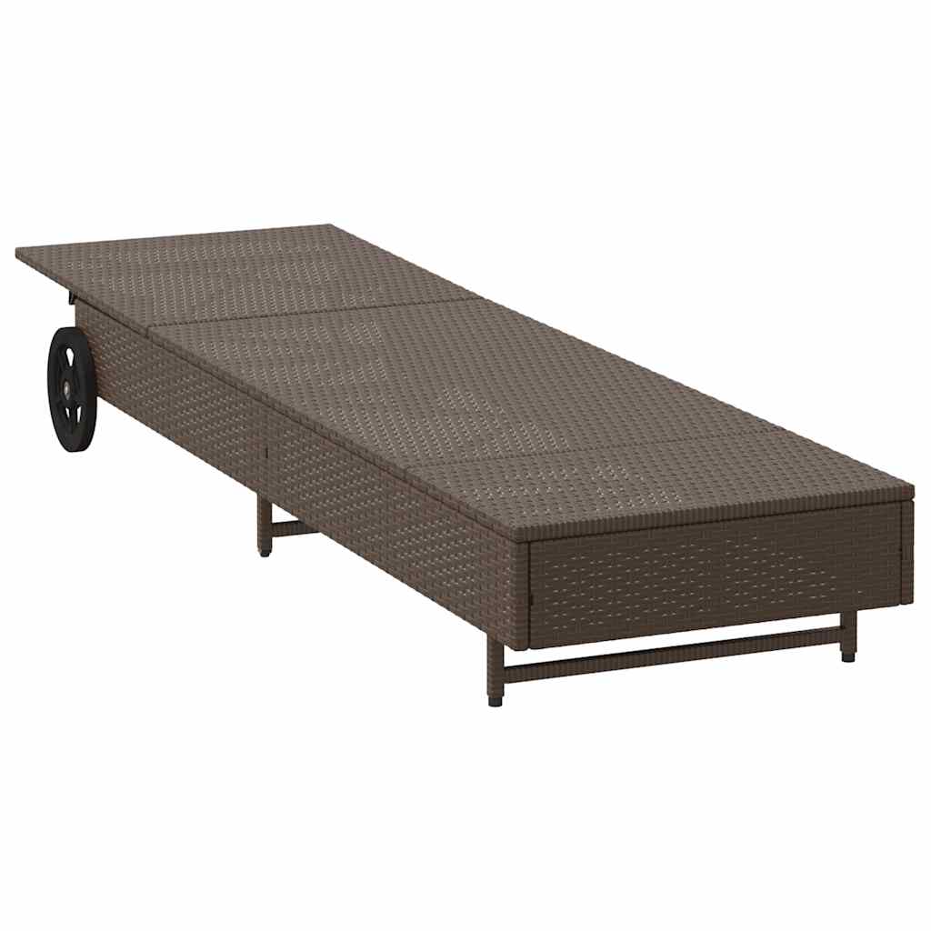 Barna polyrattan napozóágy párnával és kerekekkel 5