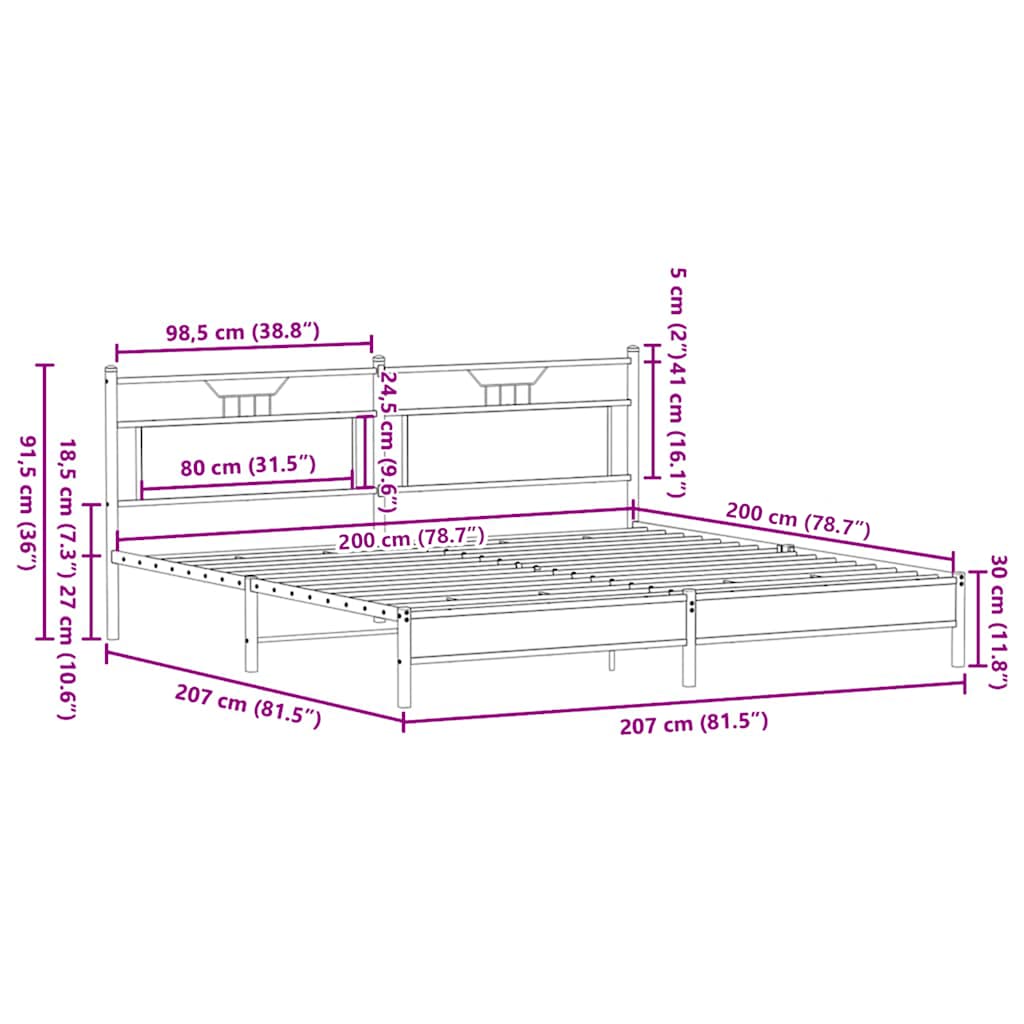 Sonoma tölgy színű fém ágykeret matrac nélkül 200 x 200 cm 11