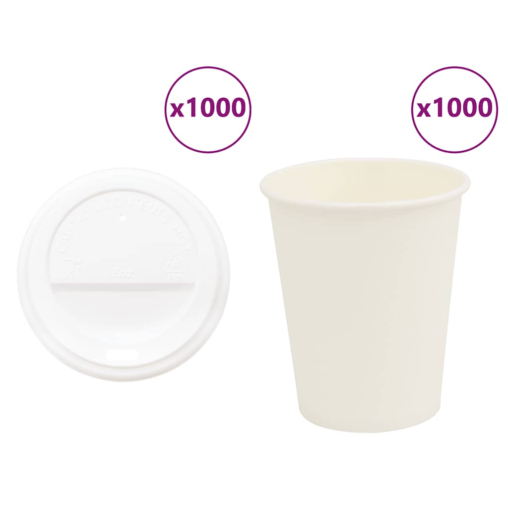 1000 db papír kávéscsészék fedővel 8oz 200ml