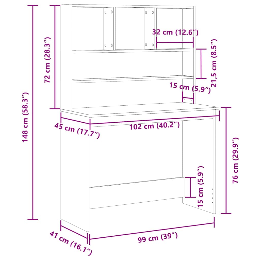 Fekete tölgy szerelt fa íróasztal polcokkal 102 x 45 x 148 cm 10