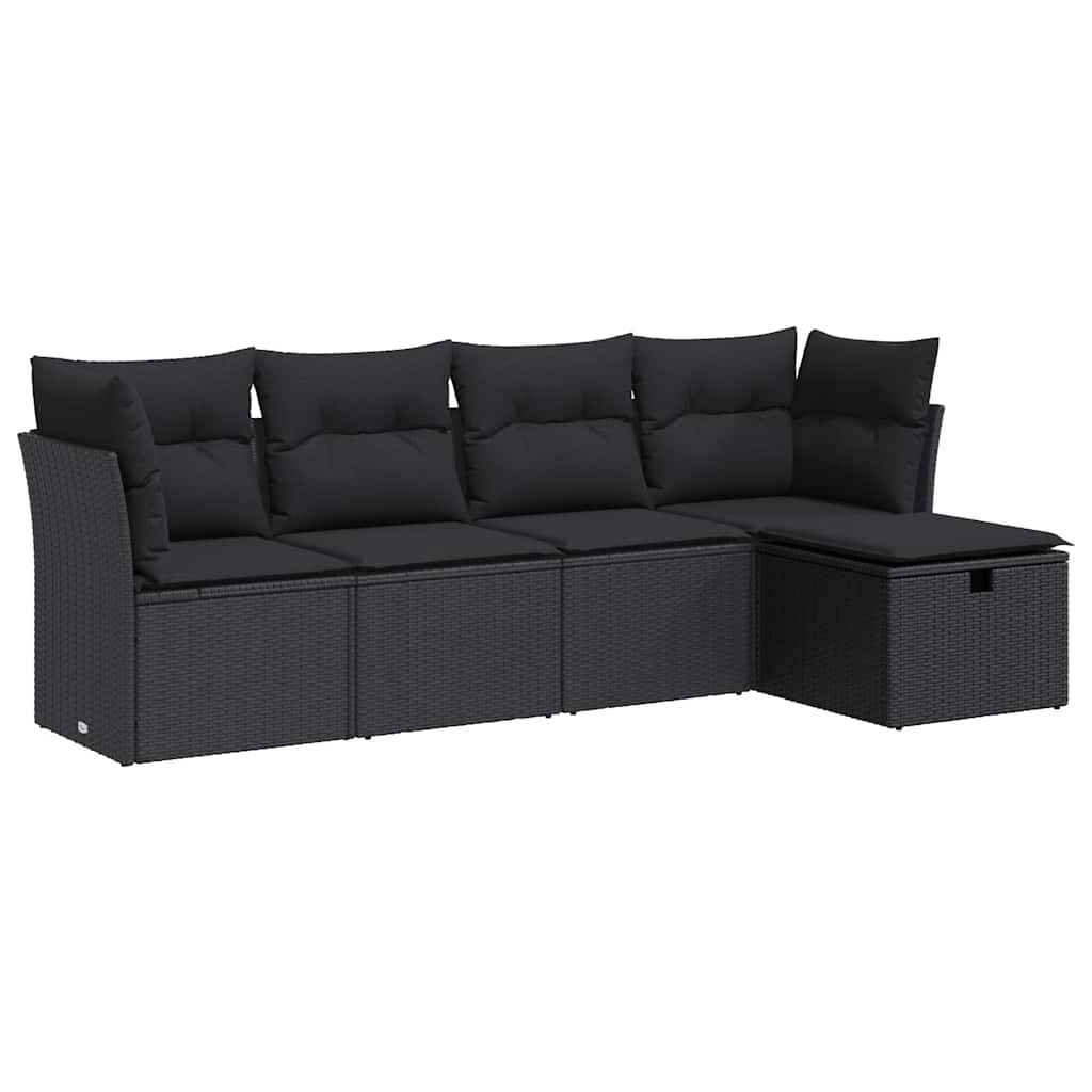 5 részes fekete polyrattan kerti kanapészett párnákkal 2
