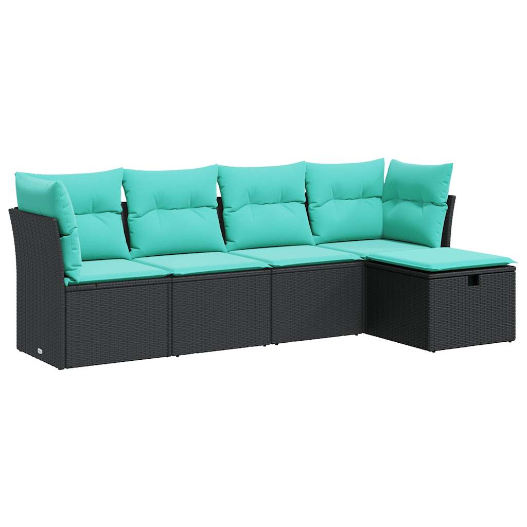 5 részes fekete polyrattan kerti kanapészett párnákkal 2
