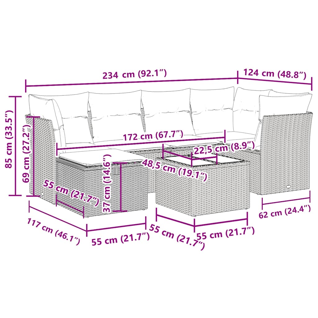 7 részes szürke polyrattan kerti ülőgarnitúra párnákkal 12