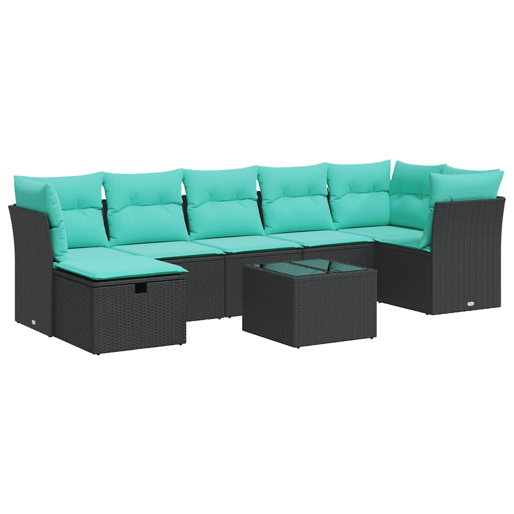 8 részes fekete polyrattan kerti ülőgarnitúra párnákkal 2
