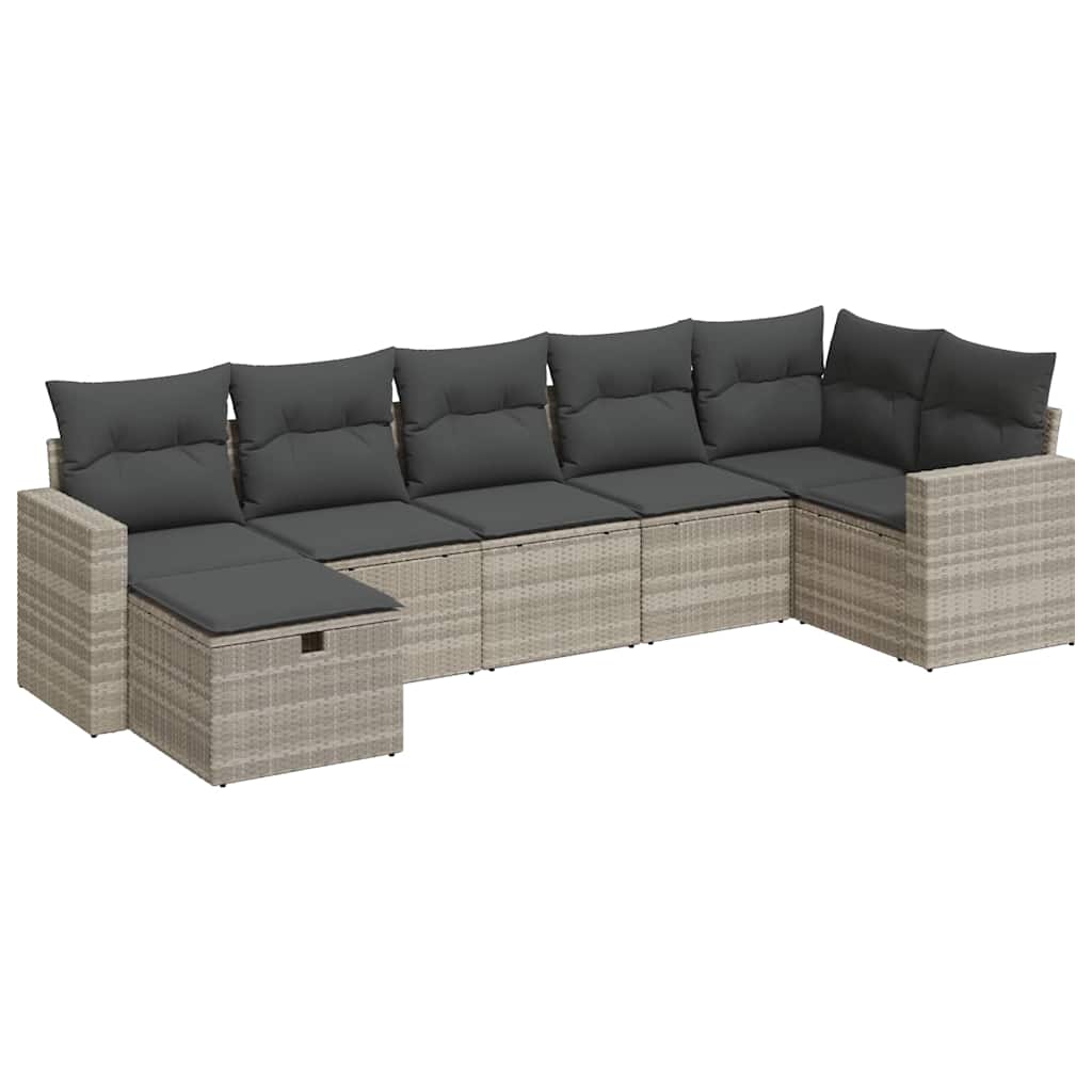 7 részes világosszürke polyrattan kerti ülőgarnitúra párnákkal 2