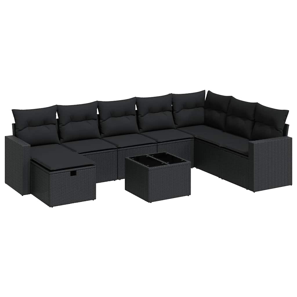 9 részes fekete polyrattan kerti ülőgarnitúra párnákkal 2
