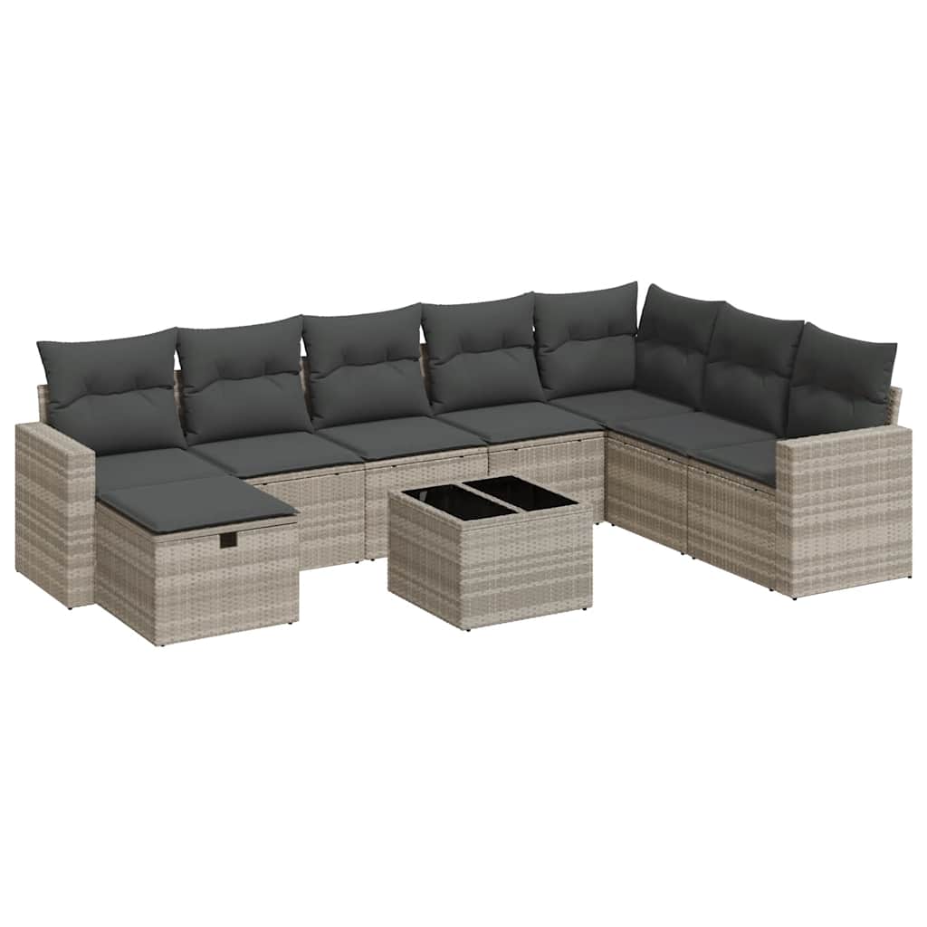 9 részes világosszürke polyrattan kerti ülőgarnitúra párnával