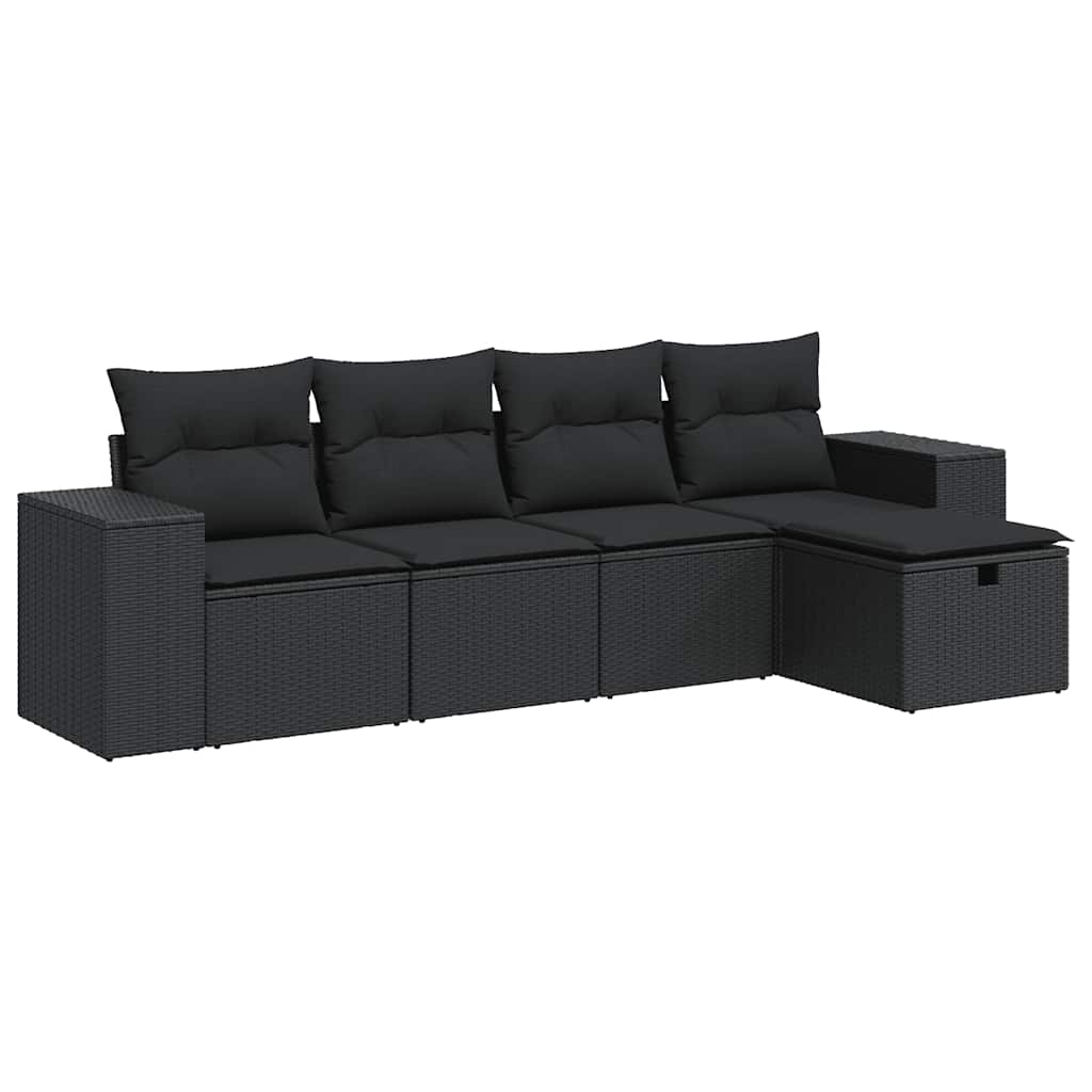 5 részes fekete polyrattan kerti kanapészett párnákkal 2