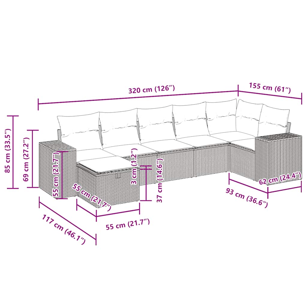 7 részes szürke polyrattan kerti ülőgarnitúra párnákkal 14