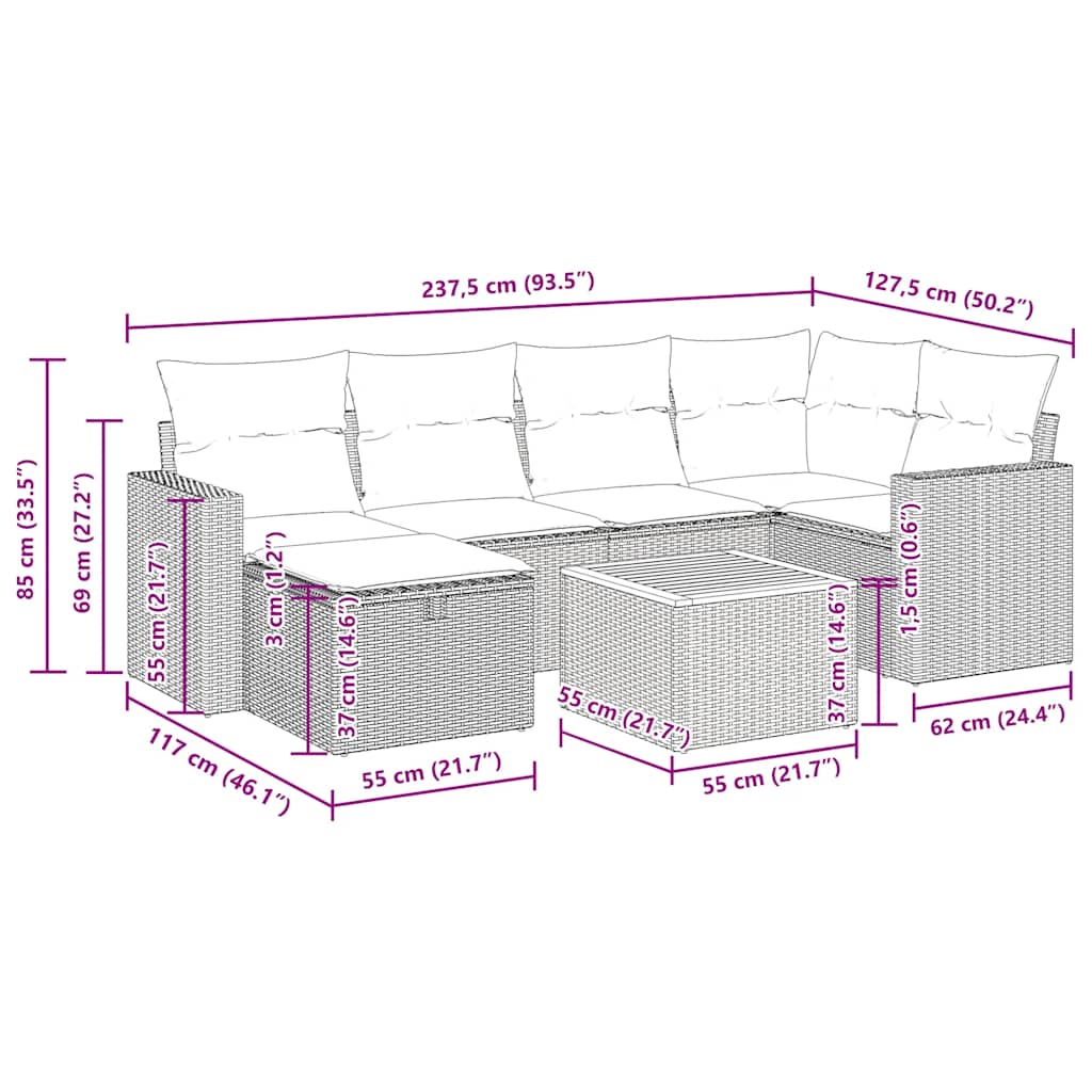 7 részes fekete polyrattan kerti ülőgarnitúra párnával 15