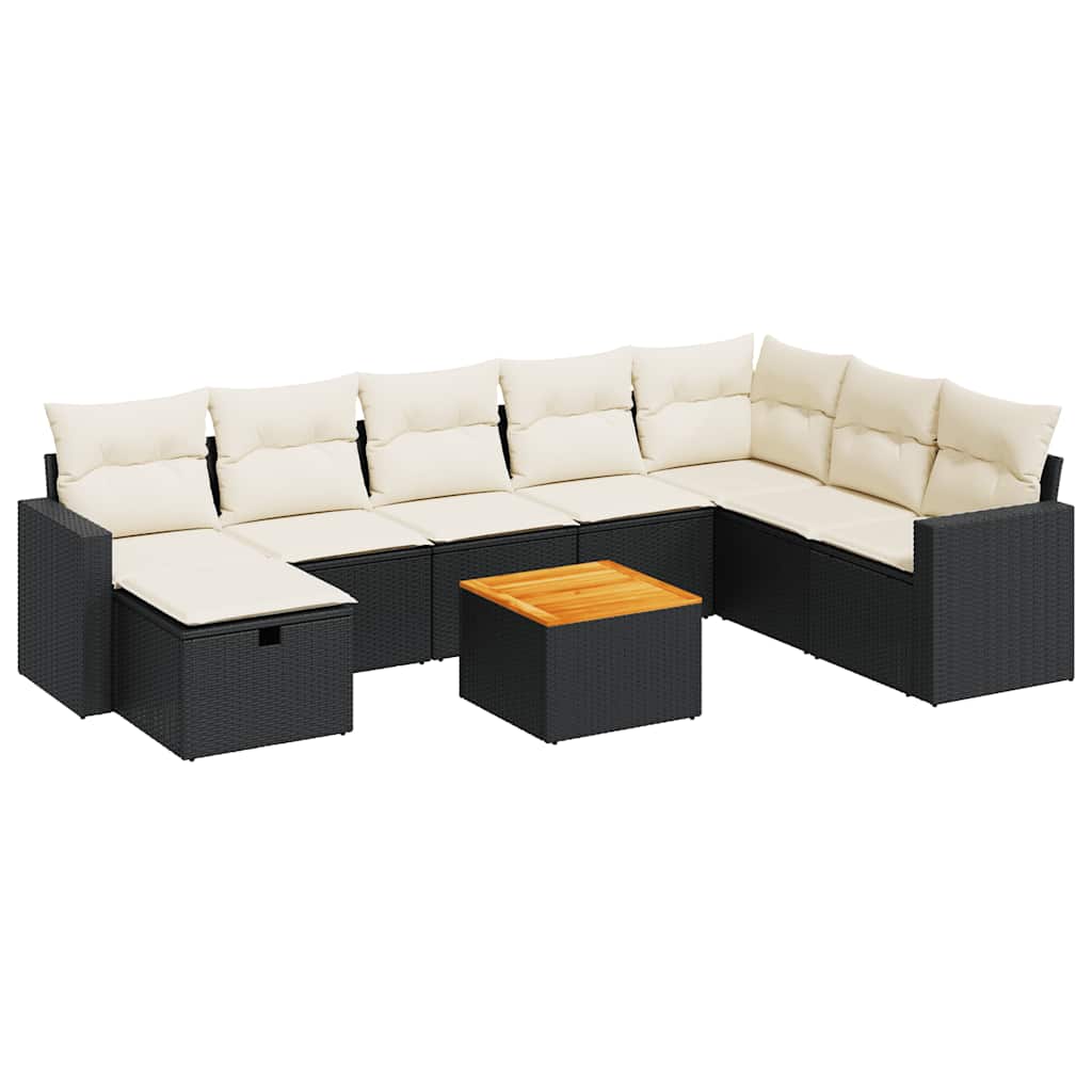 9 részes fekete polyrattan kerti ülőgarnitúra párnákkal 2